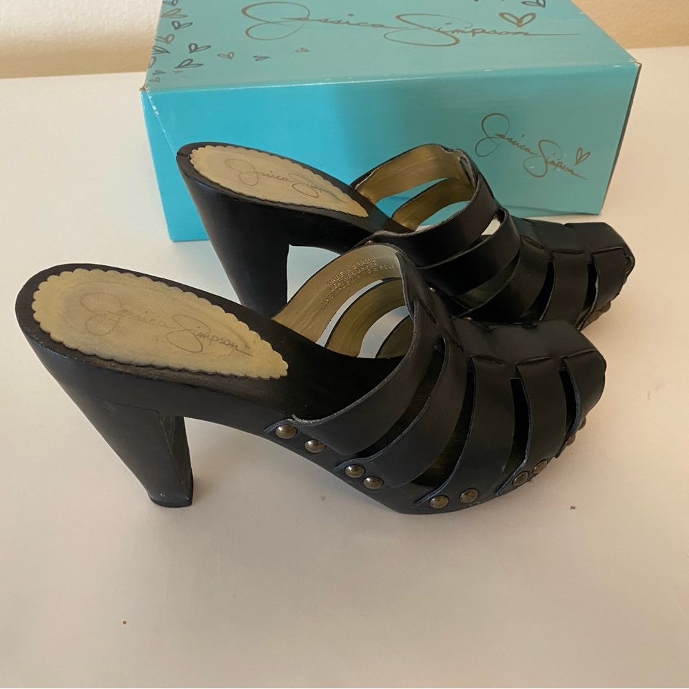Vintage Jessica Simpson Culia Black Mules Strappy Heeled Clogs Sz 8.5 Y2K